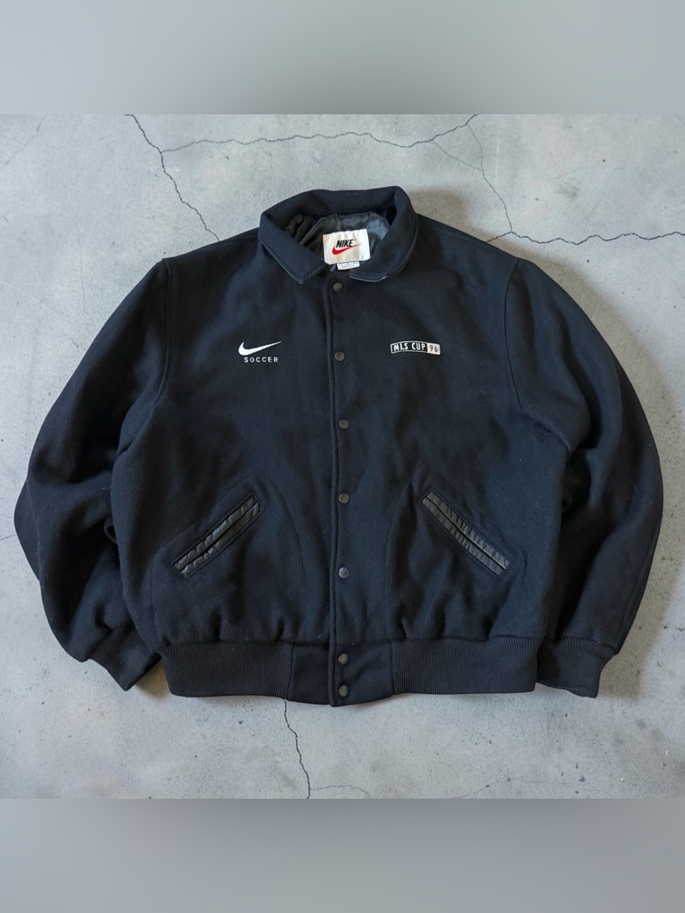VTG Nike Soccer Men’s MLS Cup 96 Wool Varsity Jacket Sz L Black Made In USA Rare